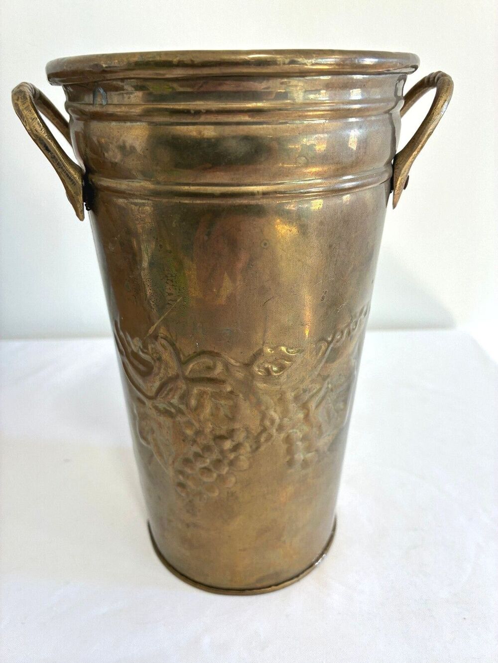 Vintage Hosley Solid Brass Grapevine Vase with Handles | Embossed Flower Bucket
